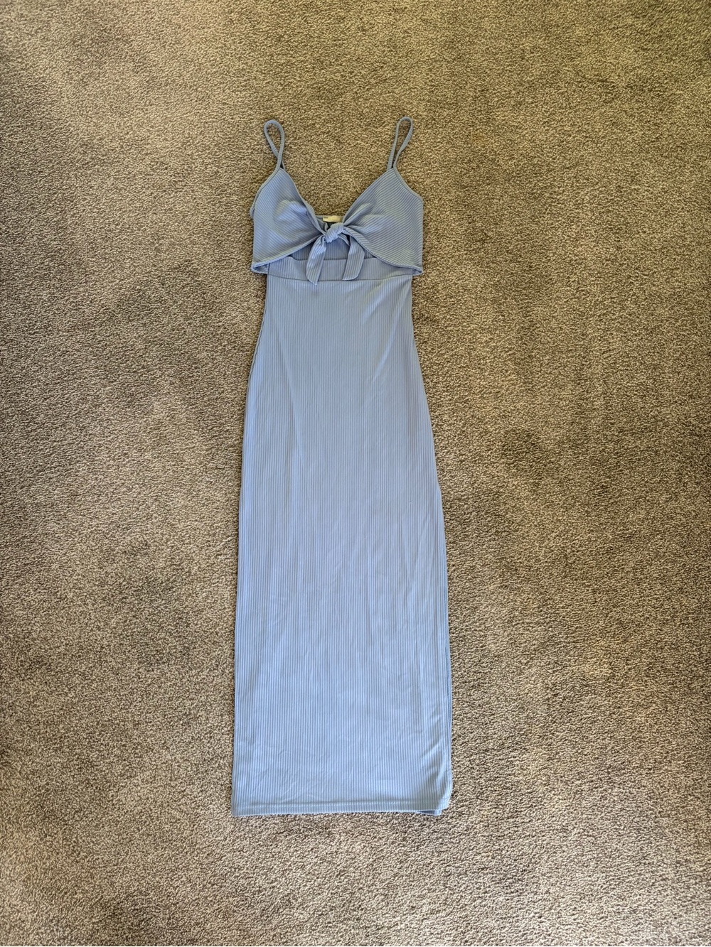 Light Blue Ribbed Tie-Front Maxi Dress